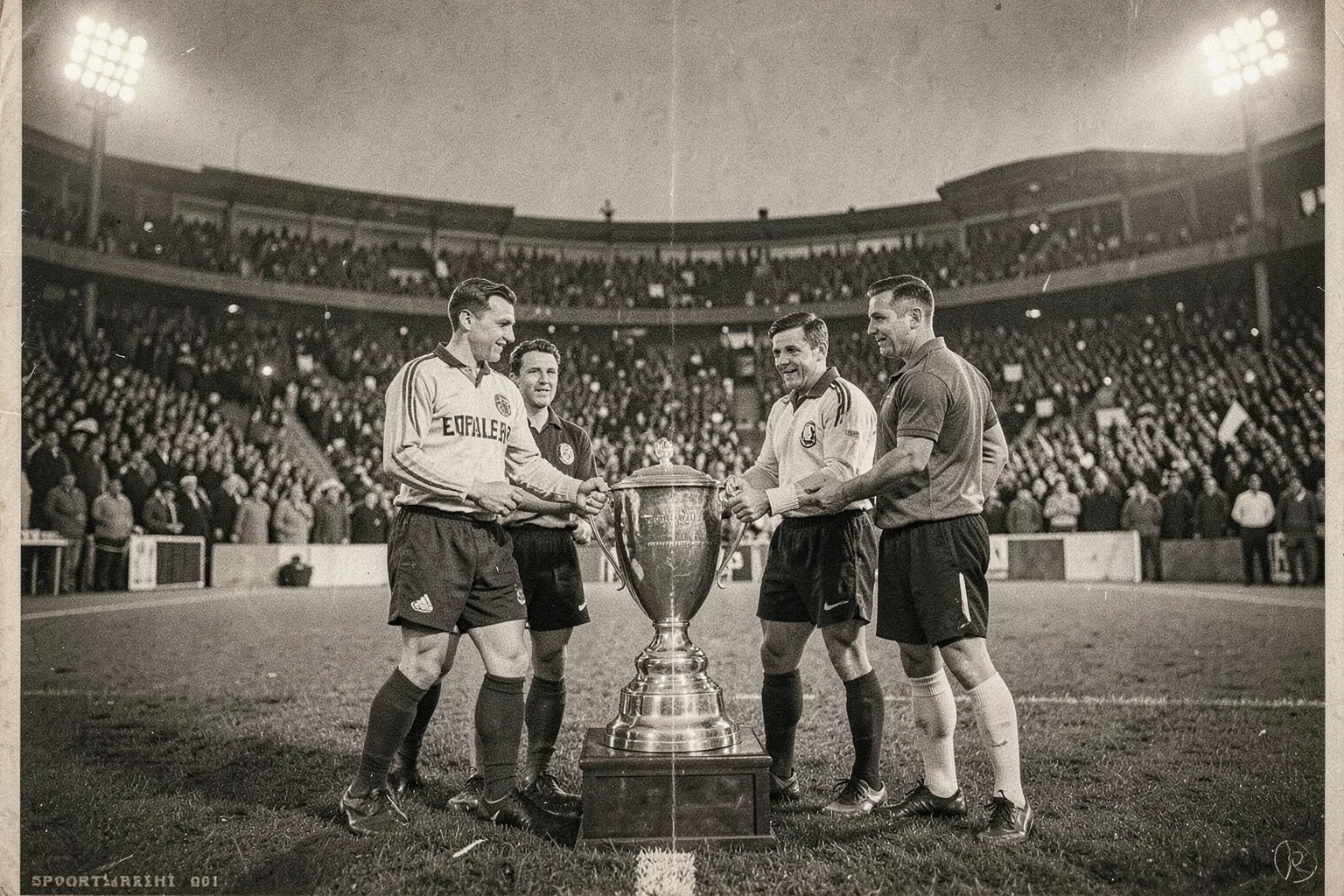 1955 Avrupa Şampiyon Kulüpler Kupası finalinde sahada kupa sunumu ve seyirciler.