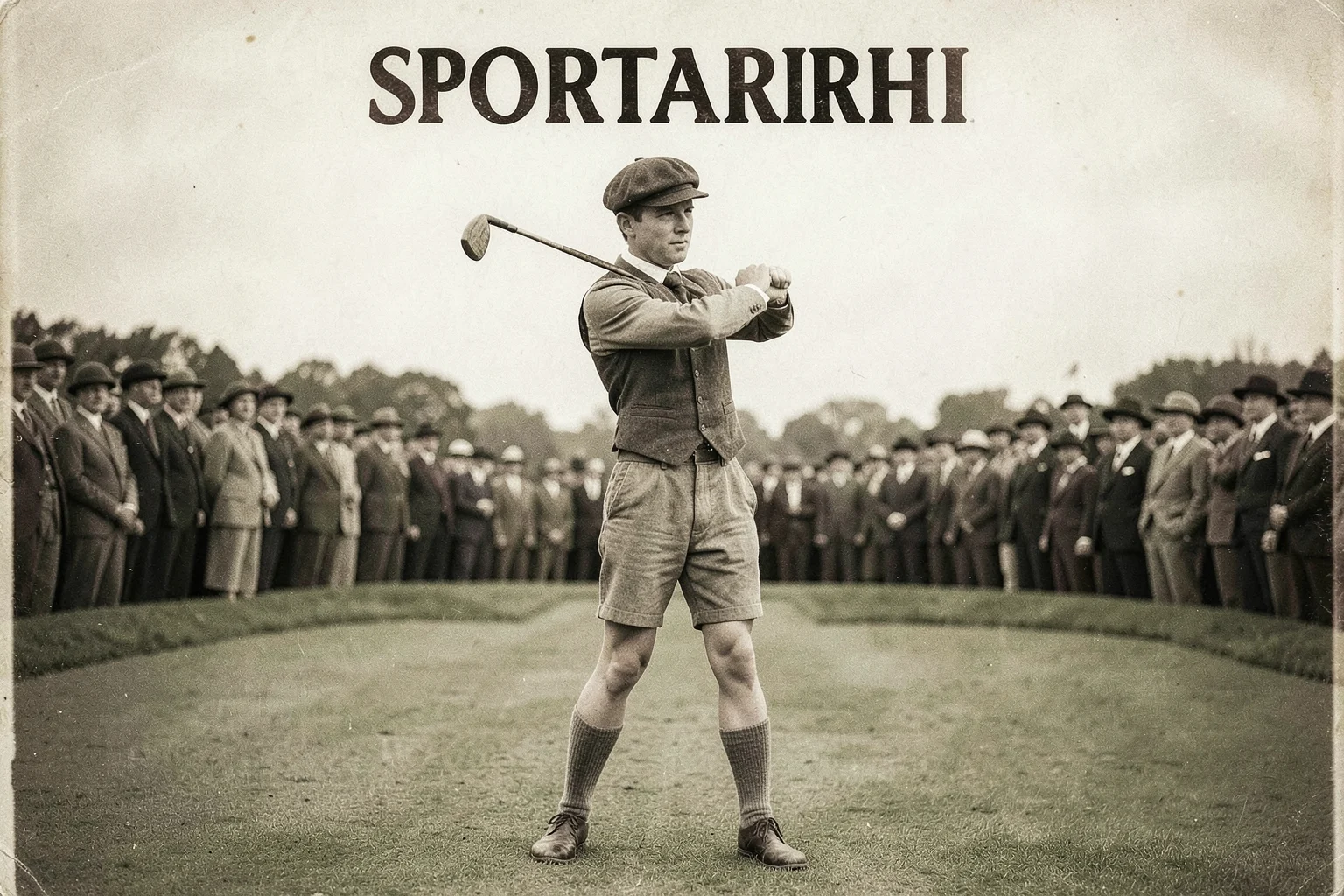 1930 yılında geleneksel golf kıyafetleriyle sahada vuruş yapan bir golfçü ve arka planda dönemin kıyafetleriyle onu izleyen kalabalık seyirci topluluğu.