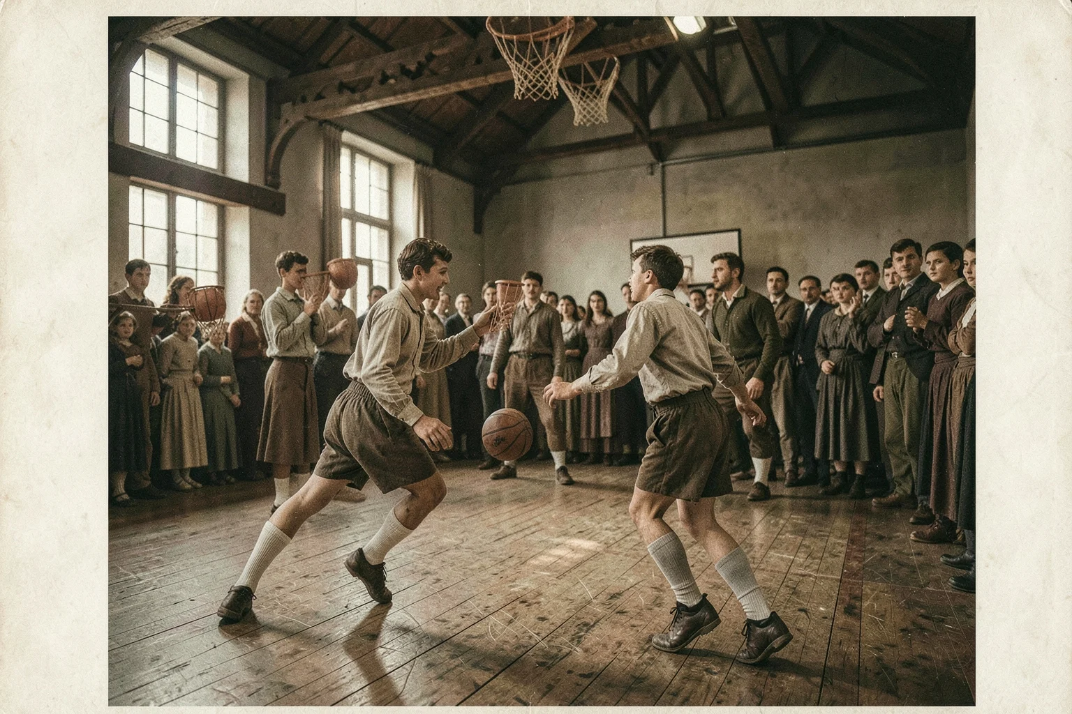 James Naismith ve öğrencileri ilk basketbol maçı oynarken