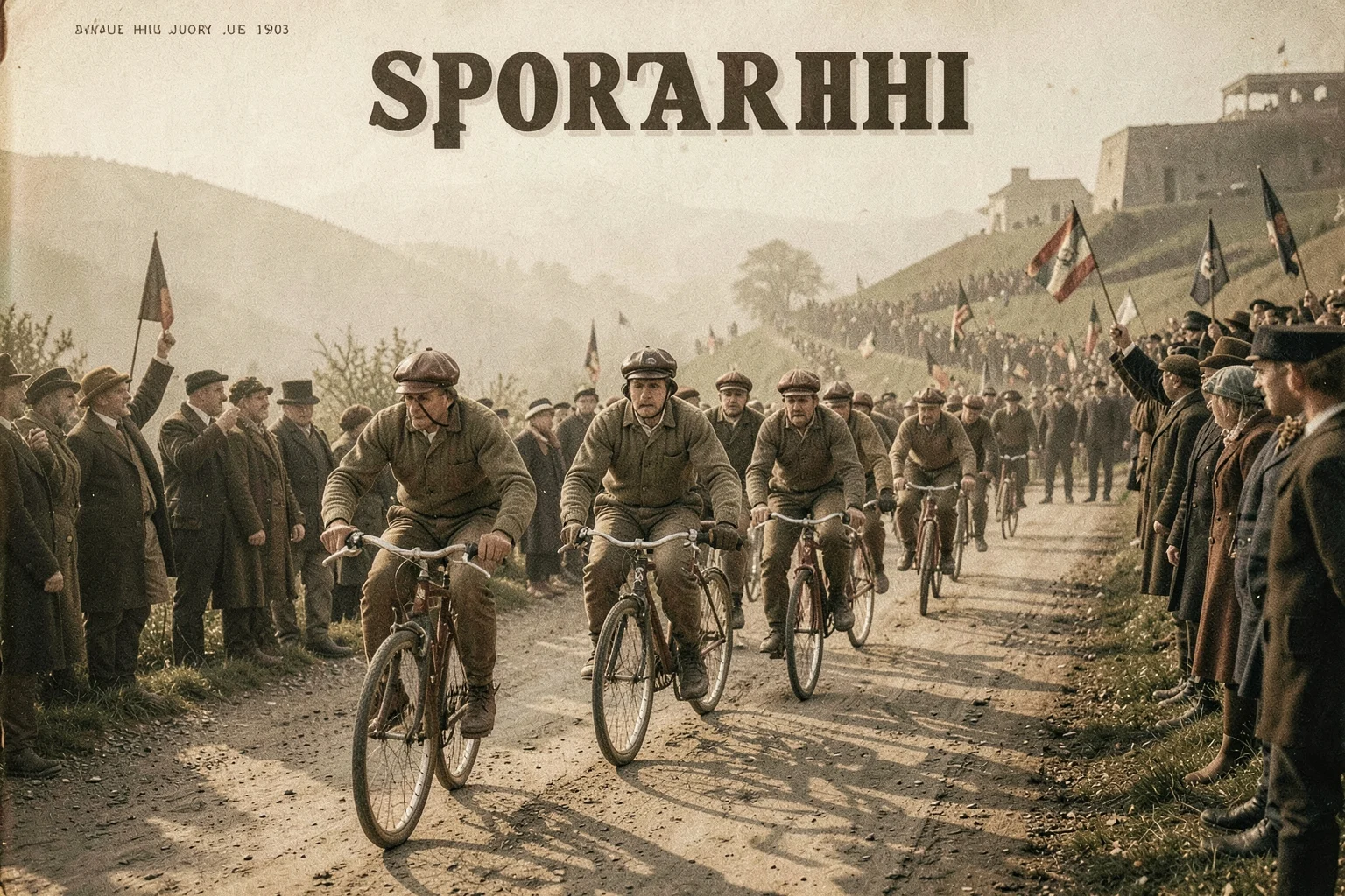 1903 Tour de France’ın Paris‑Lyon etabında tek vitesli bisikletleriyle yola çıkan sürücüler ve izleyiciler
