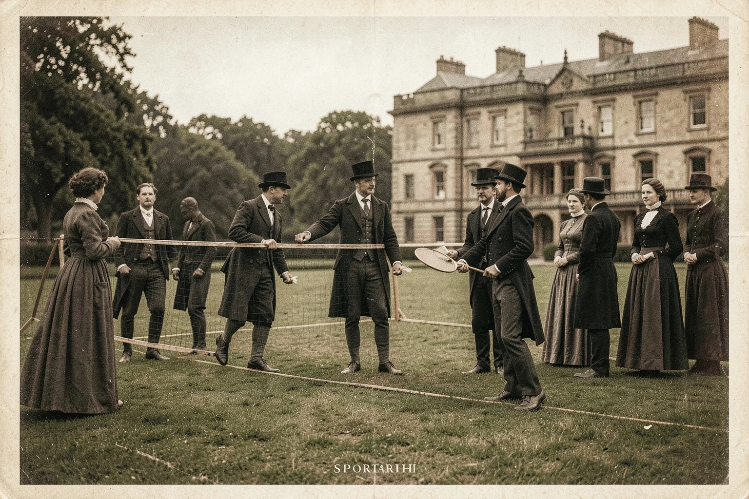 1870'lerde Badminton House bahçesinde İngiliz aristokratları badminton raketiyle oynarken