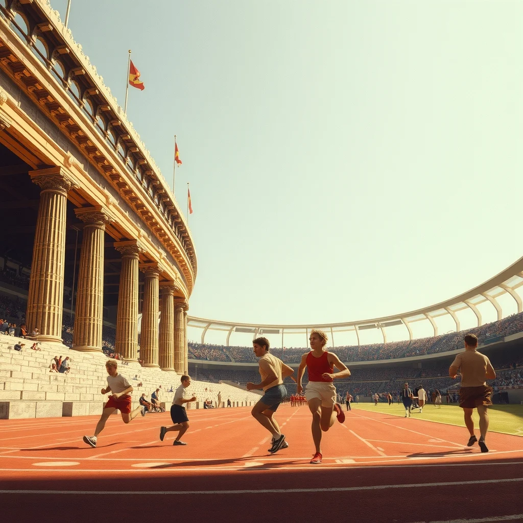 Antik Yunan stadı ve modern olimpik pistte koşan atletlerin birleştiği bir sahne
