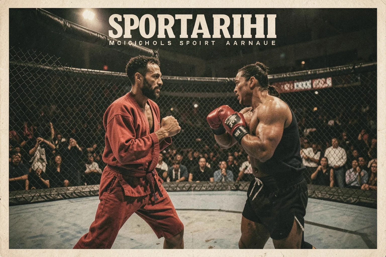 1993 UFC 1'de Denver'da McNichols Sports Arena içinde, zincir kafes içinde Royce Gracie ve rakiplerinin karşı karşıya geldiği atmosferik sahne.