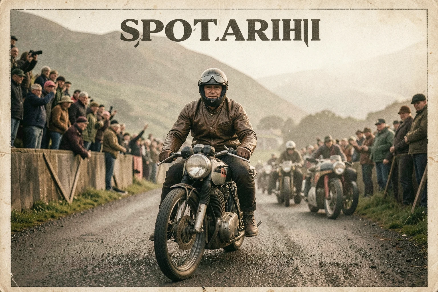 1949 Isle of Man TT Senior yarışının başlangıcında vintage motosikletler ve sürücüler