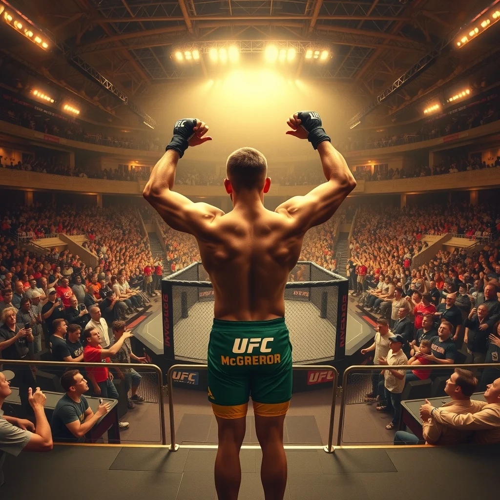 Conor McGregor'un iki siklette şampiyonluk elde ettiği dönemde UFC arenasında mikrofonla konuşurkenki sahne.