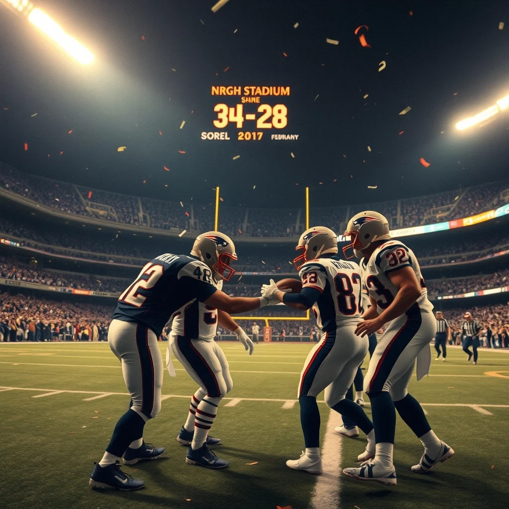 NRG Stadyumu'nda Super Bowl LI uzatma dakikasında Tom Brady'in James White'e topu vermesi, tribünlerin ışıkları ve 34-28 skoru.