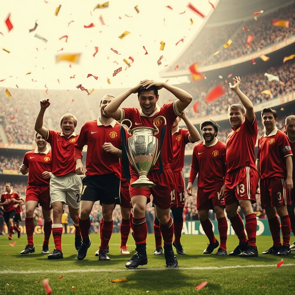 Manchester United oyuncuları, 1999 Şampiyonlar Ligi finalinde Camp Nou'da sevinç içinde.