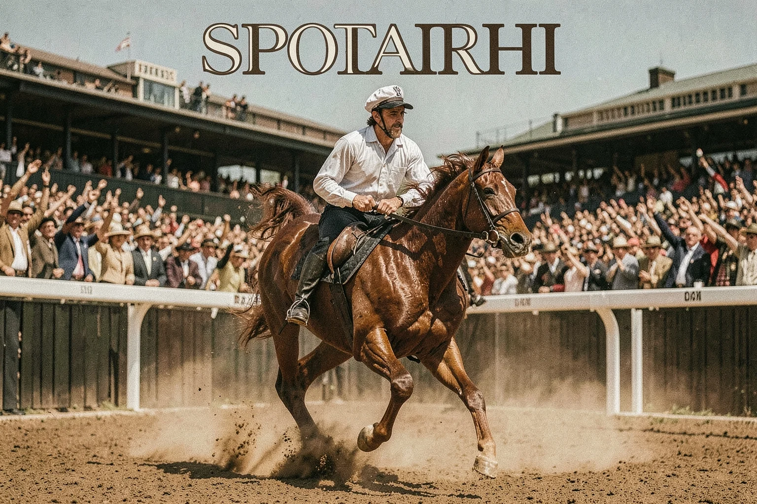 Secretariat, Ron Turcotte eşliğinde 1973 Belmont Stakes finalinde koşarken, Belmont Park tribünleri seyirciyle dolu