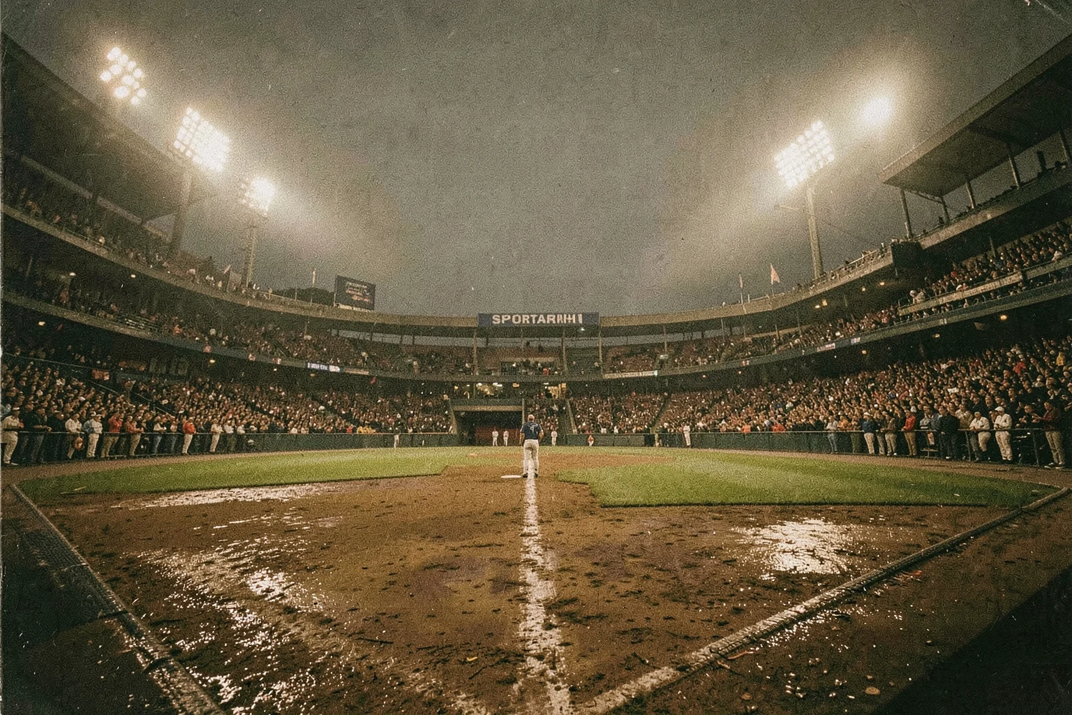Gece ışıkları altında nemli toprak zemini ve dolu tribünleriyle 2016 World Series yedinci maçının oynandığı beyzbol sahası.