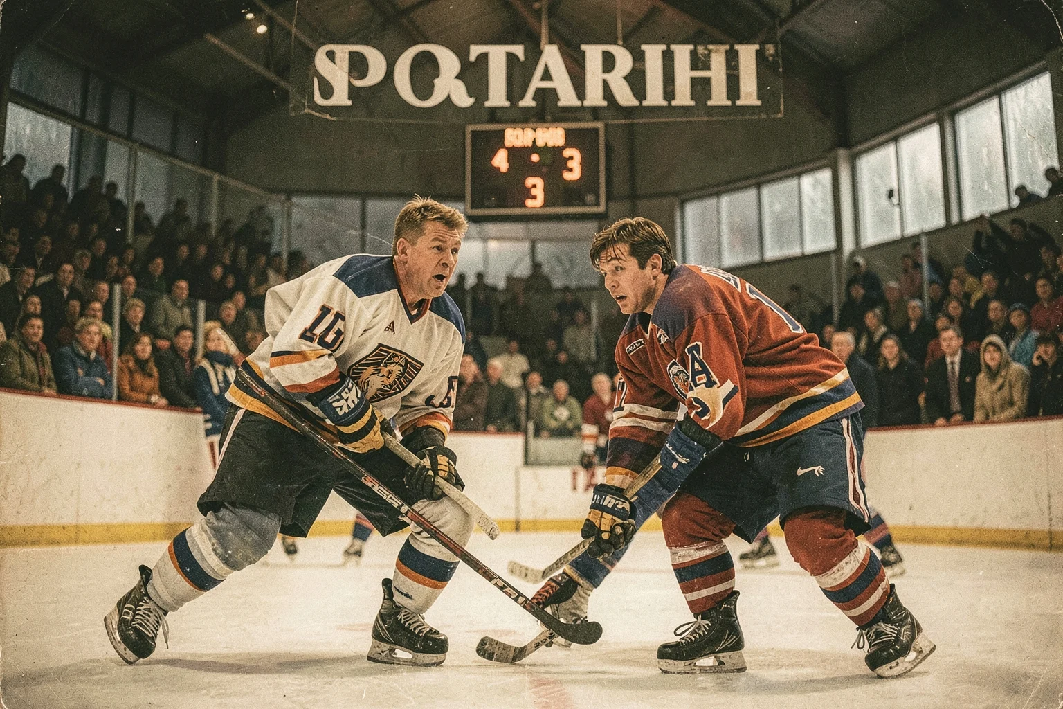 1980 Lake Placid Kış Olimpiyatları buz hokeyi finalinde ABD ve Sovyetler Birliği takımlarının mücadele anı, skor tabelası 4‑3 gösteriyor.