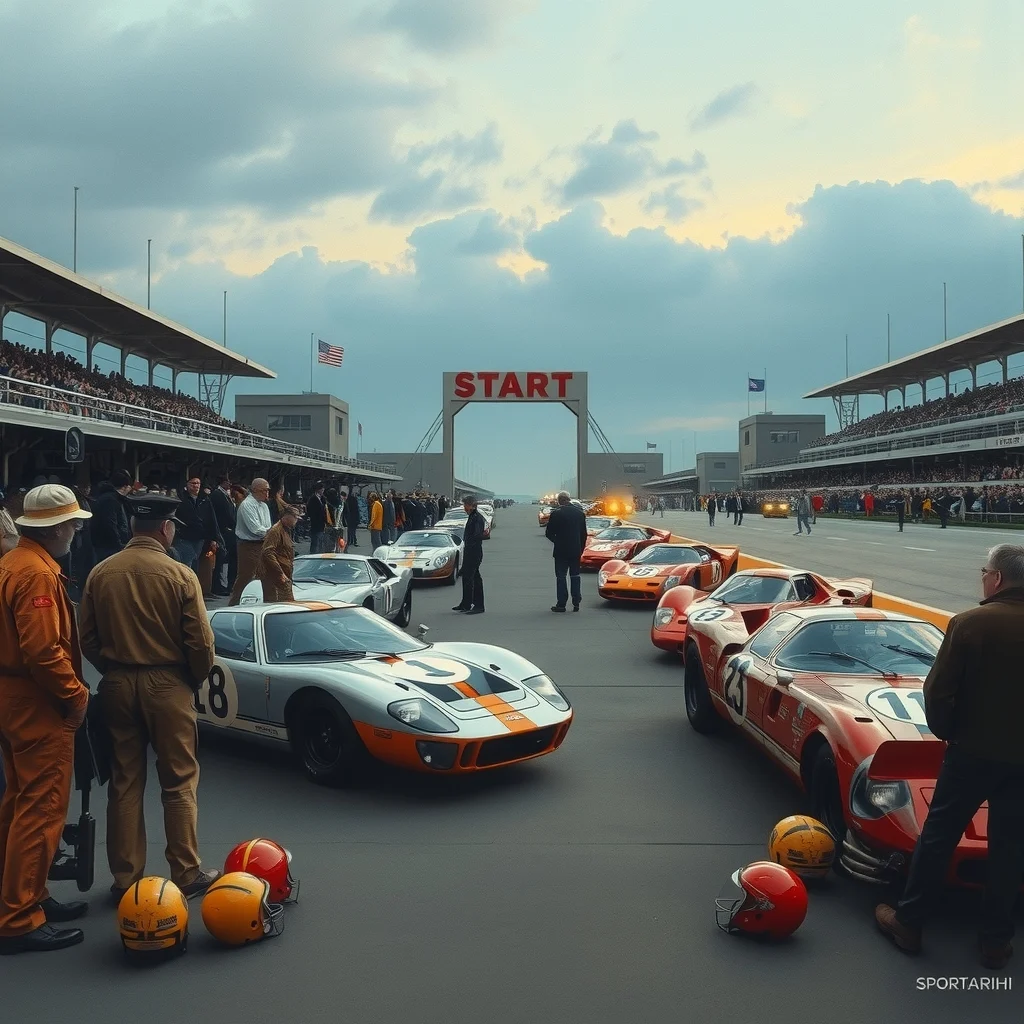 1966 Le Mans pitinde Ford GT40 Mk II ve Ferrari 330 P4 araçları, yarış öncesi atmosfer.