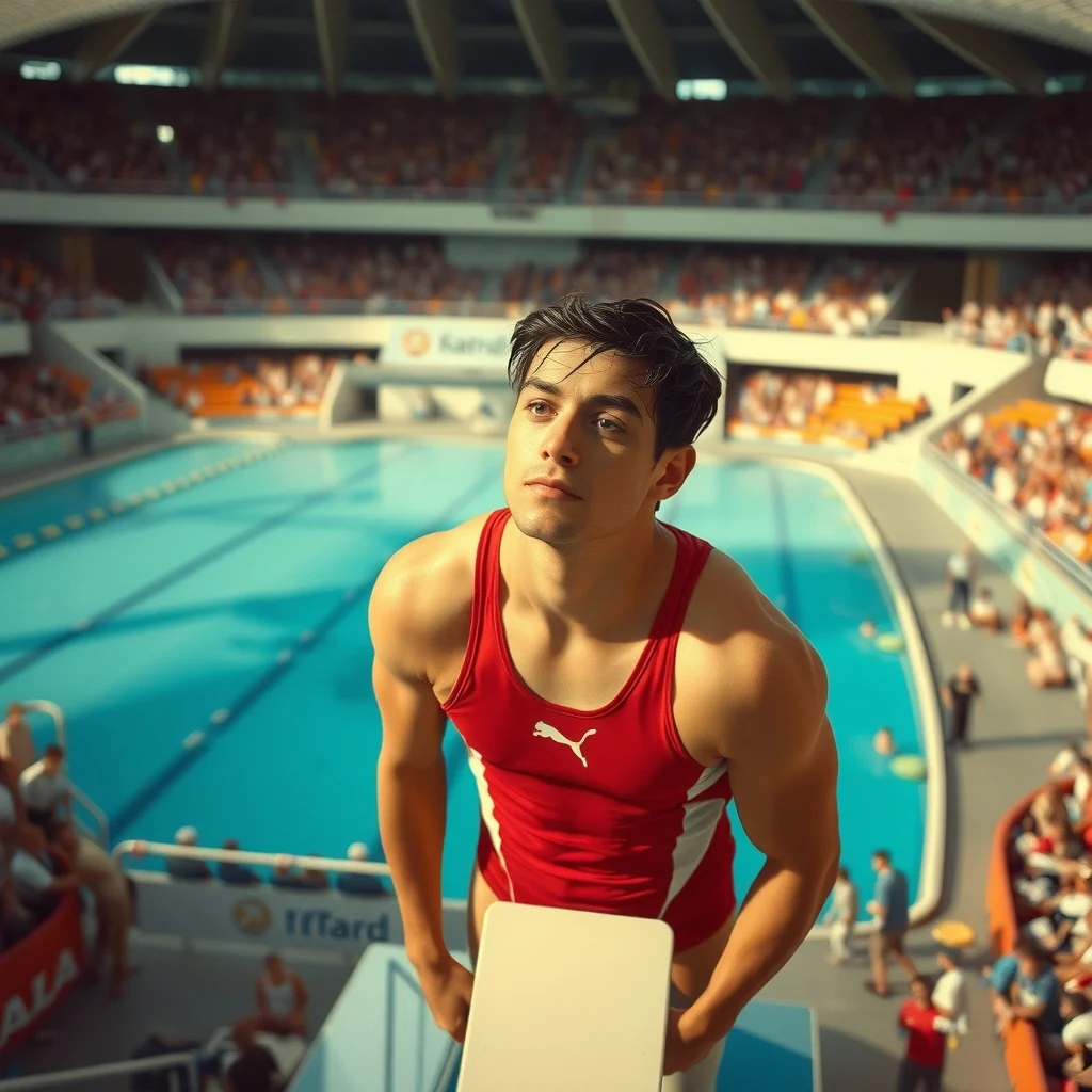 Bir erkek dalış sporcusu, 1980'ler tarzı, hafif bir kafa yaralanmasıyla, bir havuzda sıçrama tahtası üzerinde, gündüz, izleyici kalabalığıyla.