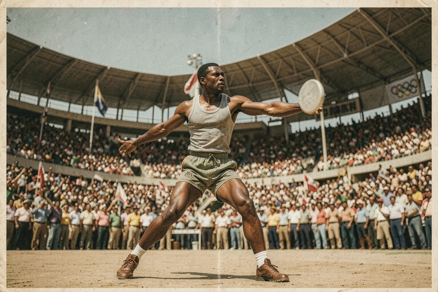 1968 Meksika Şehri Olimpiyatları'nda Al Oerter'in disk atma anı, atletin atış yaptığı an ve atletik pist