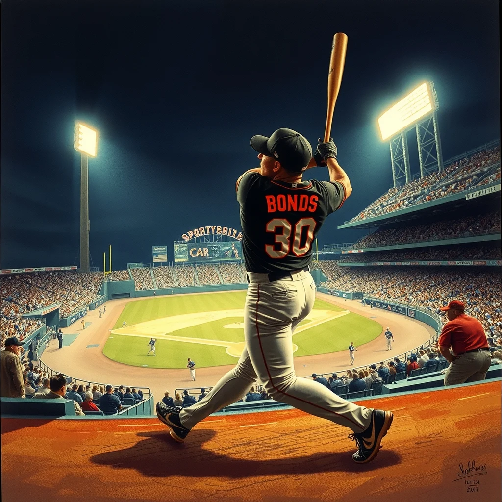 2001 yılında Barry Bonds'un 73 home run kırdığı anı gösteren sahada çekilmiş fotoğraf.