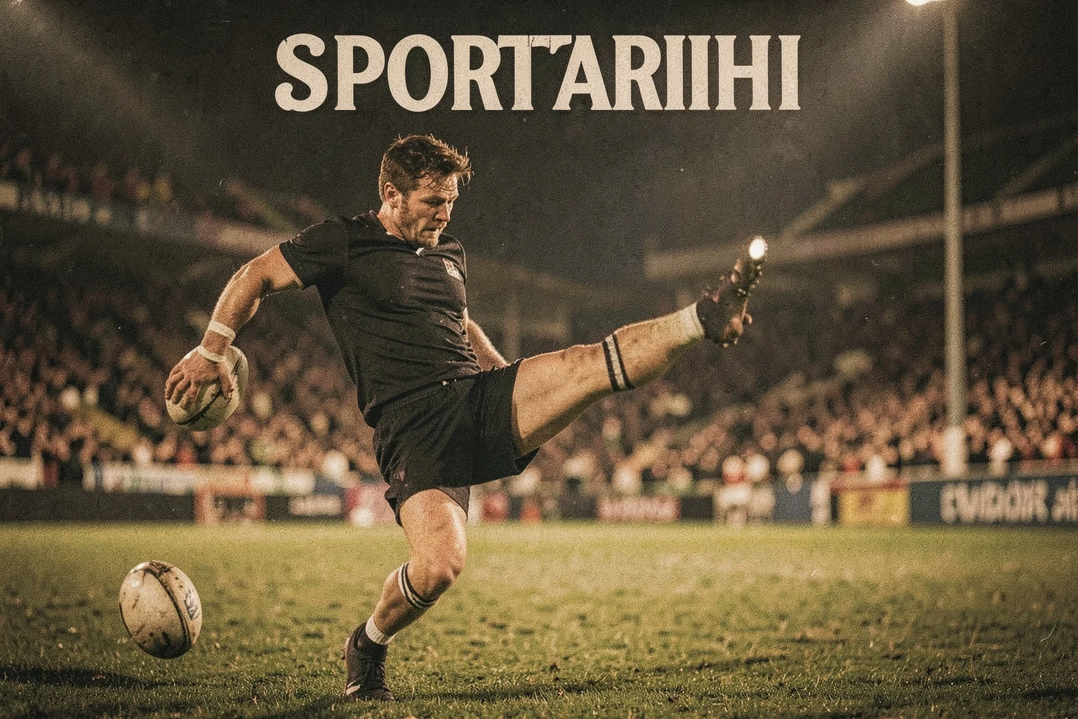 Jonny Wilkinson’ın 2003 Dünya Kupası finalinde uzatmalarda attığı drop goal anını betimleyen, gece ışıkları altında İngiltere formasıyla sahada duran bir oyuncu.