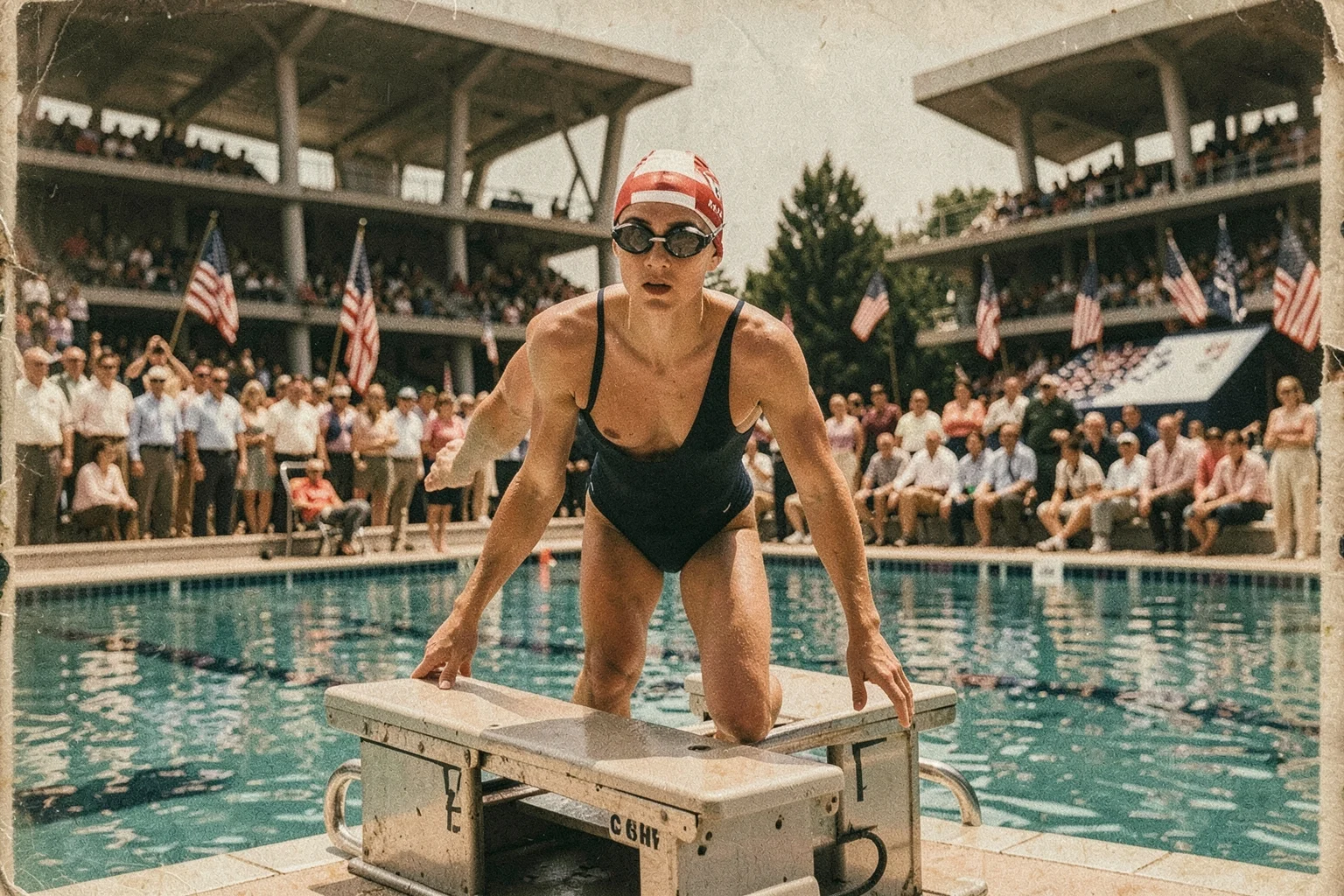 1972 Münih Olimpiyatları'nda başlangıç blokunda duran genç Amerikalı yüzücü Mark Spitz