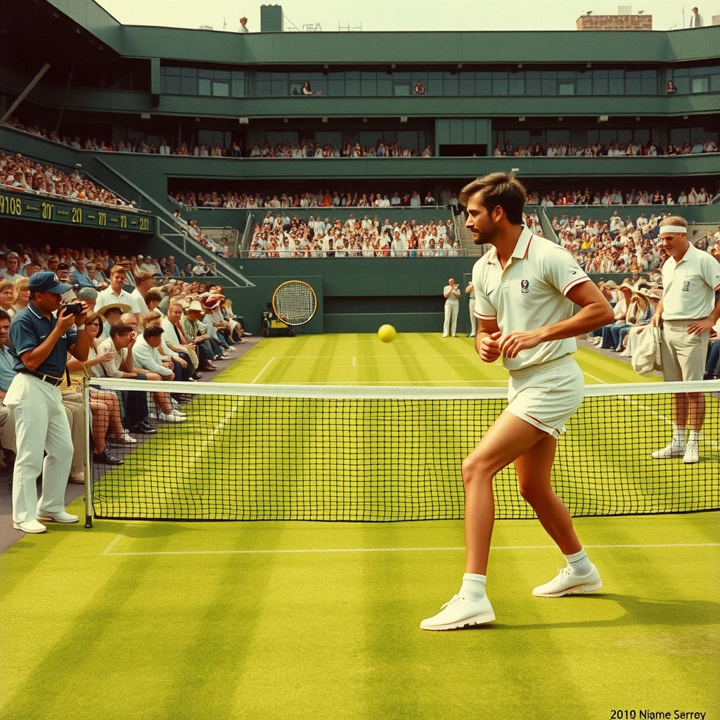 1980 Wimbledon finalinde Centre Court'ta beyaz kıyafetli Björn Borg ve genç John McEnroe ağın kenarında mücadele ederken