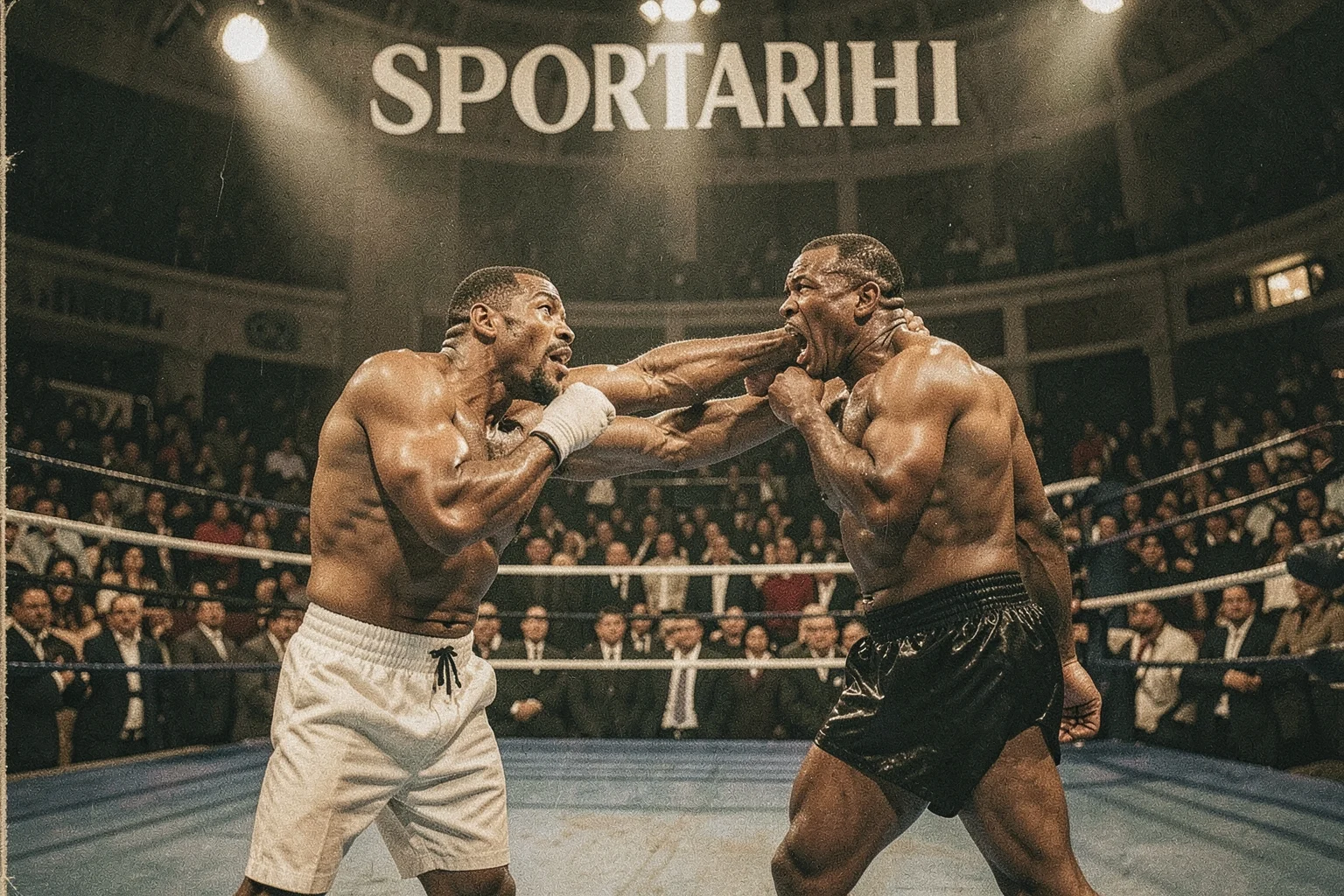 1990’da Buster Douglas'un Mike Tyson'u nakavt ettiği an, ringdeki iki boksör ve spot ışıkları