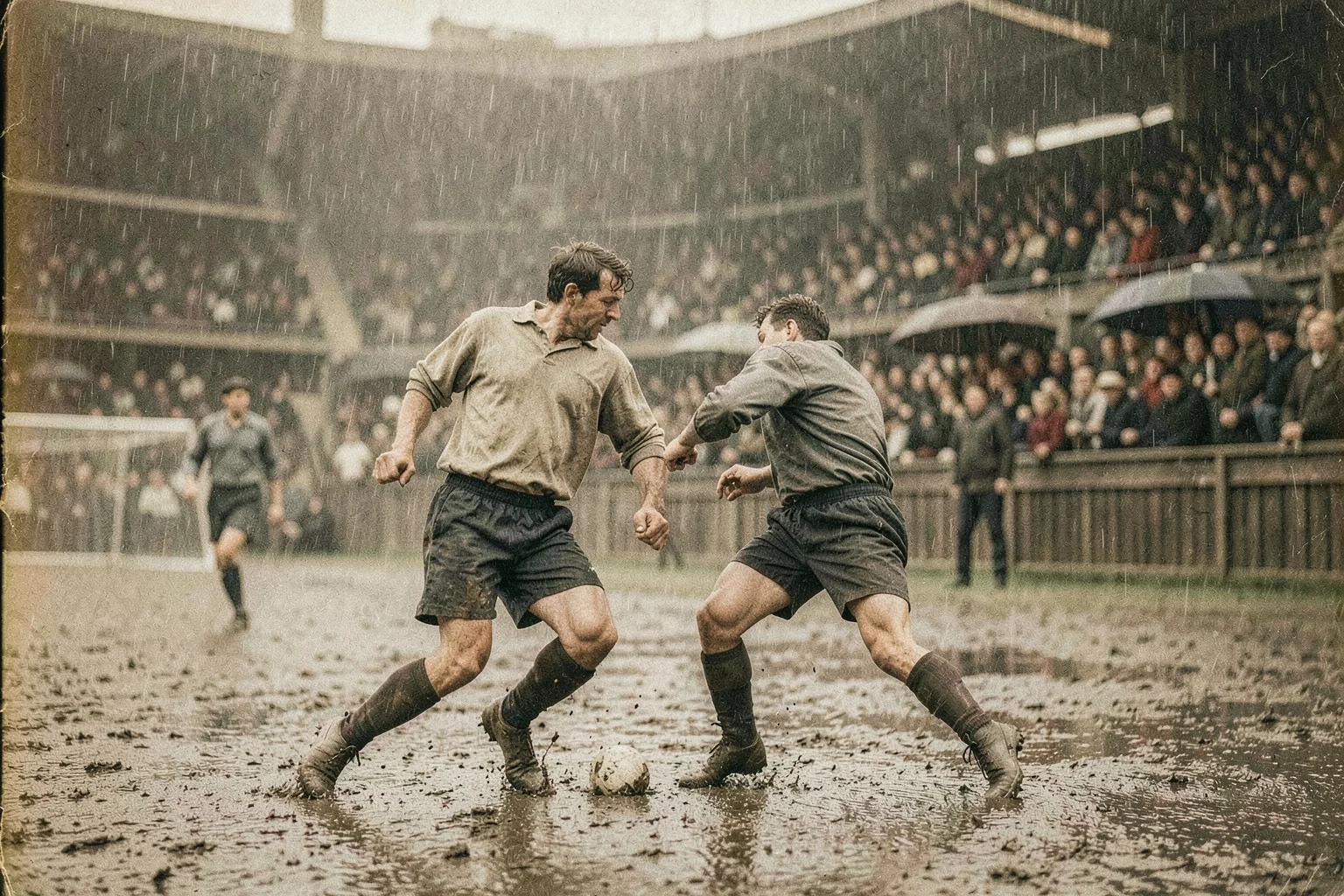 1954 Dünya Kupası finalinde yağmur altında çamurlu sahada mücadele eden futbolcular