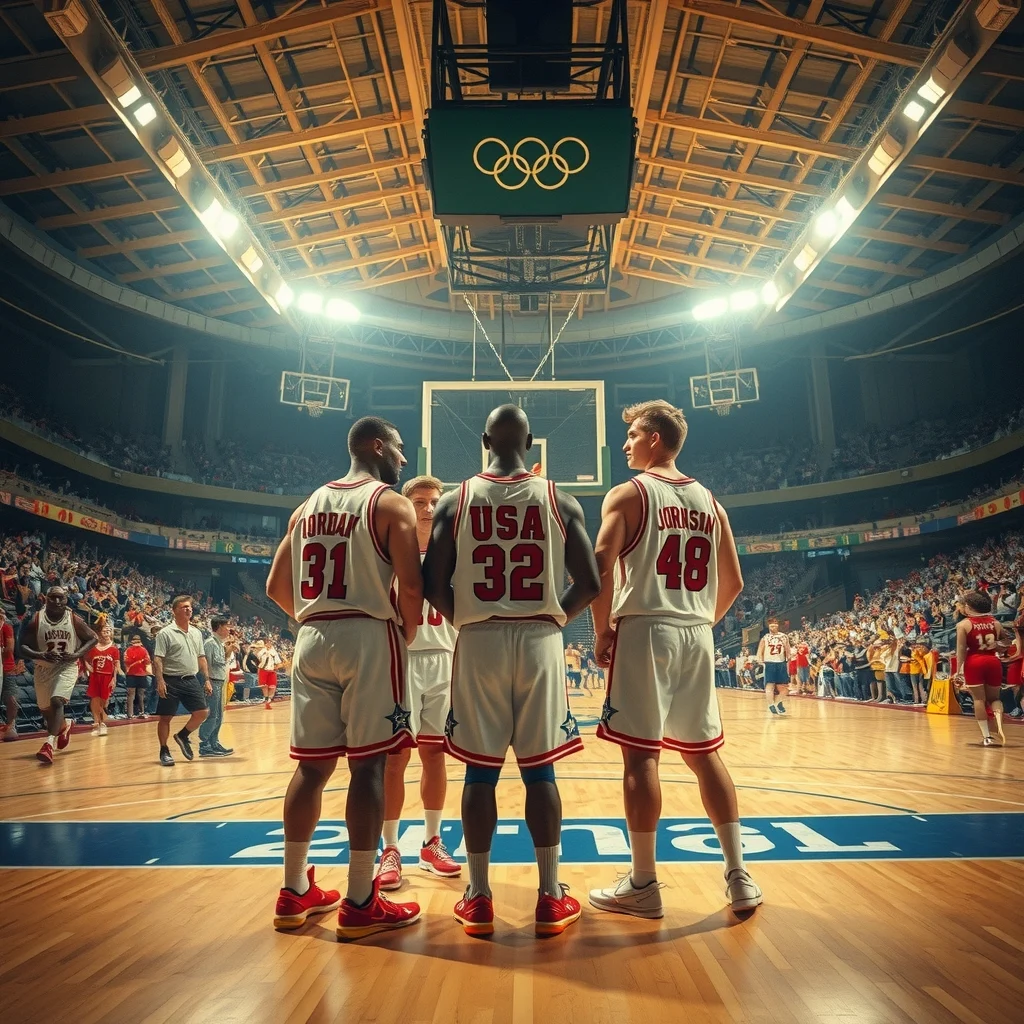 1992 Barcelona Olimpiyatları'nda beyaz forma giyen ABD Dream Team oyuncuları sahada poz veriyor