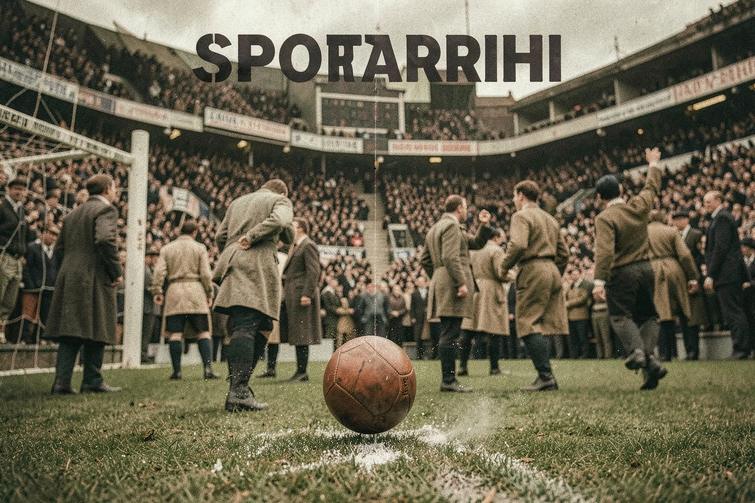1966 Dünya Kupası finalinde kale çizgisinin üzerine seken deri futbol topu ve arka plandaki futbolcular ile tribünler.