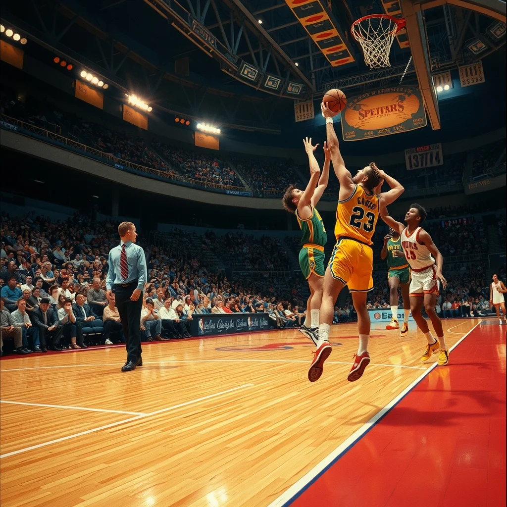 1990'lar NBA playoff atmosferinde üç sayılık atış kullanan bir basketbolcu ve parkede yaşanan gergin anlar.