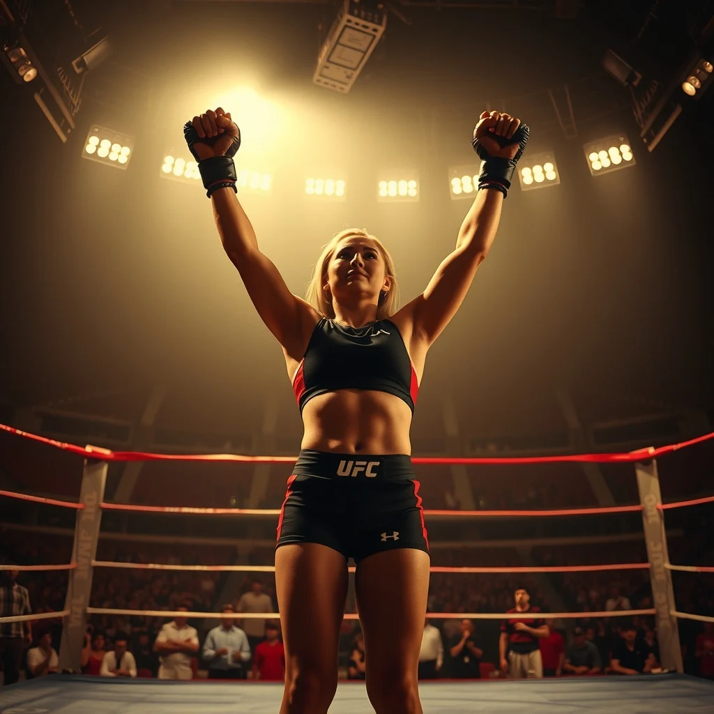 Ronda Rousey, UFC octagonunda zafer poseunda.