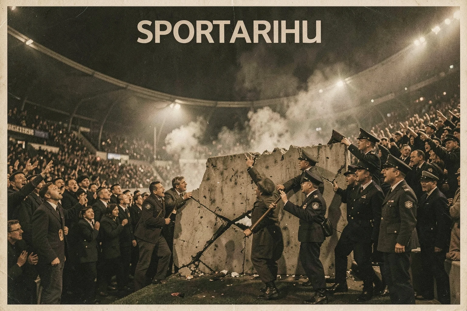 Heysel Stadyumu'nda çöküş anı, duvar yıkılmış, kalabalık panik içinde, polis müdahalesi