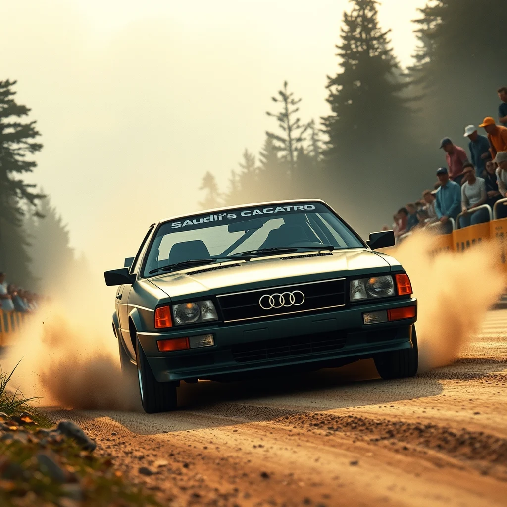 Audi Quattro'nun 1983 rally sahasında, hafif sisli dağ yolunda, sürücü Hannu Mikkola kıyafetleriyle birlikte gösterildiği görsel.